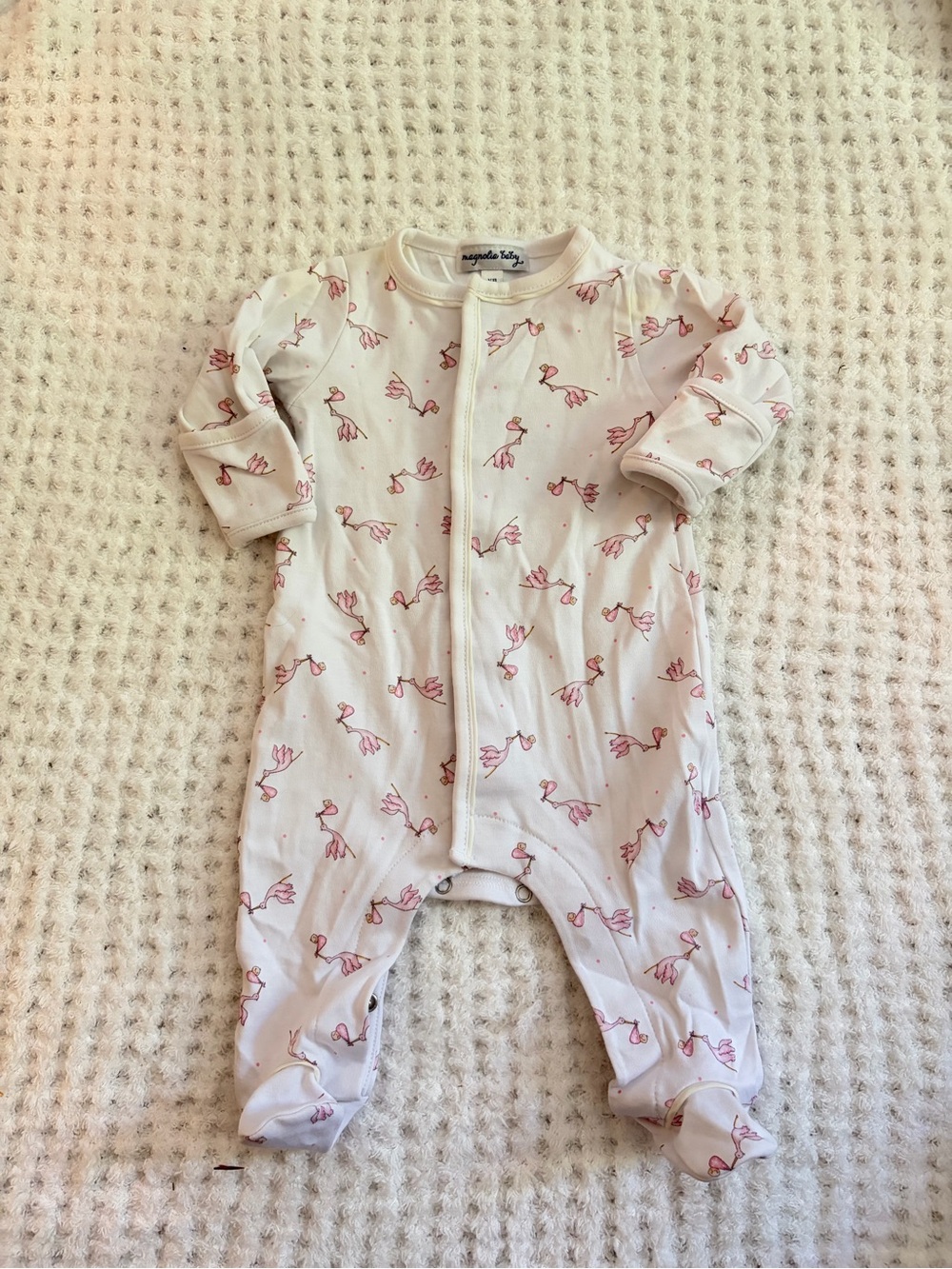Magnolia Cream Footed One-Piece with Pink Stork Print